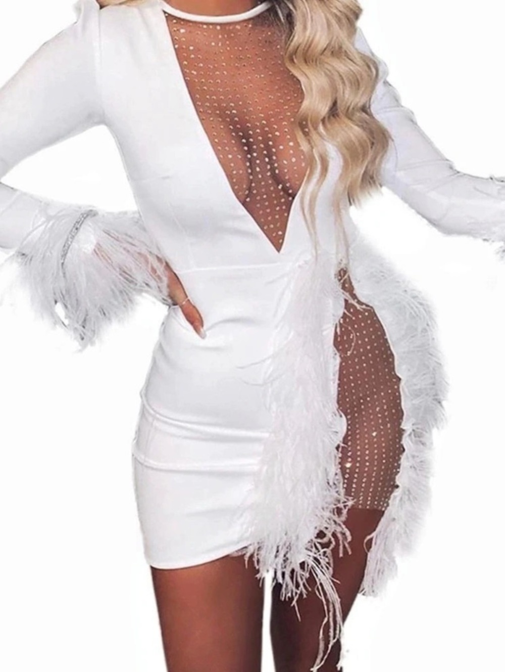 Nhicdns White Feather Rhinestone Mesh Bodycon Mini Dress XL